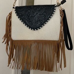 NWOT Genuine leather & cowhide western fringe crossbody wristlet bag
